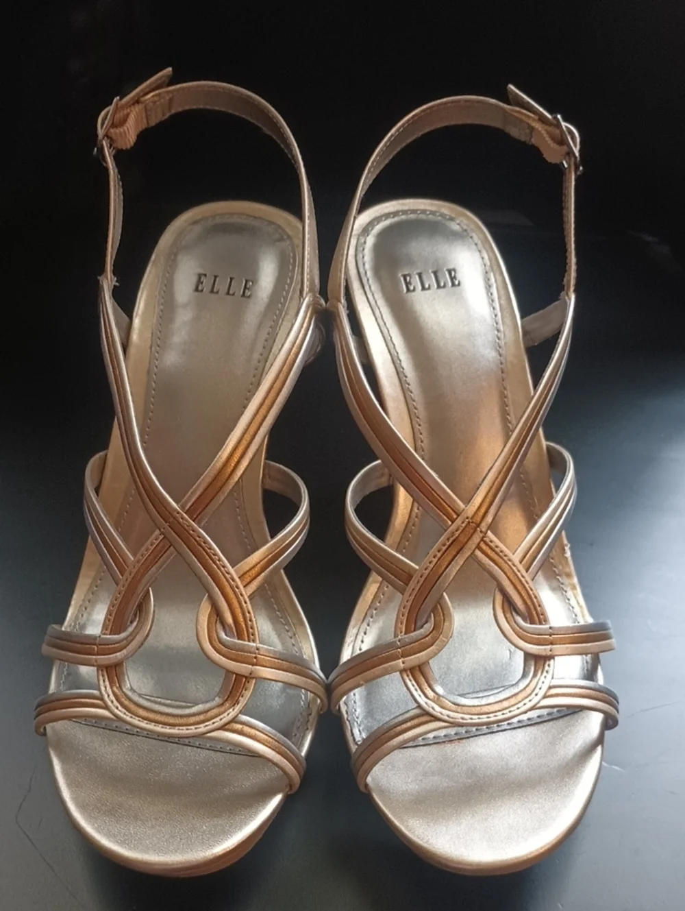ELLE Metallic Rose Gold Strappy Wedge Sandals Woman's Size 7 Special Occasion